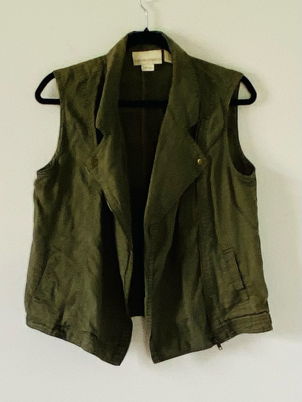 Cynthia Rowley 100% Linen Moto Vest - Olive Green Lagenlook Gorpcore Military